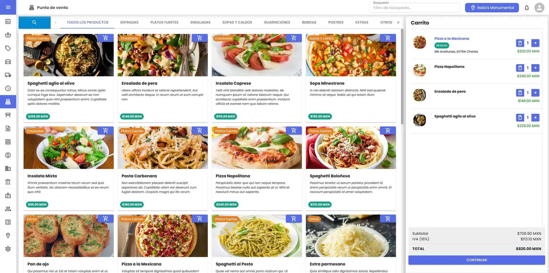 Interfaz de módulo de punto de venta en sistema Bisness