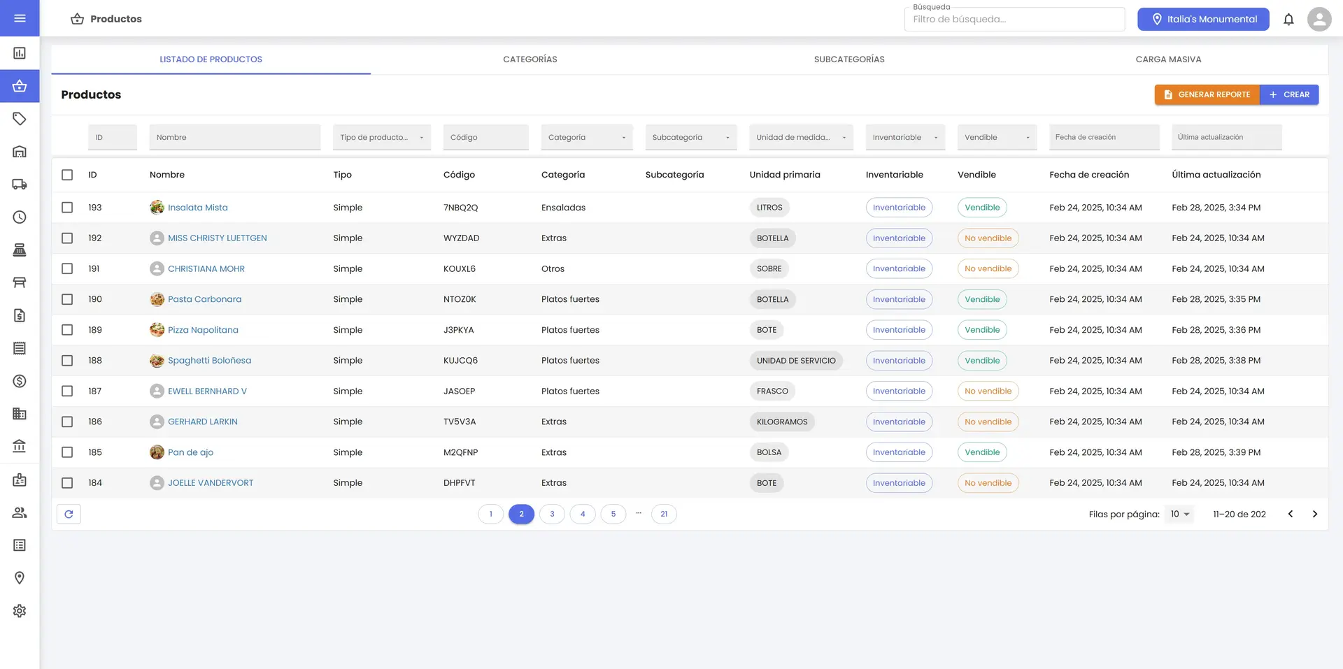 Módulo de productos mostrando listado de productos
